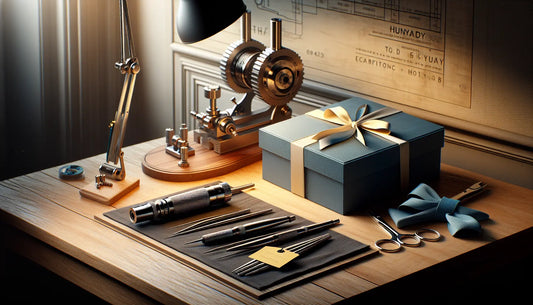 Stilvoller Arbeitsplatz eines Mechatronikers mit personalisierten Werkzeugen und eleganten Geschenken in Steelmonks-Farben.