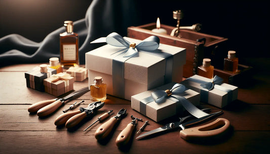Elegantes Geschenkarrangement mit handwerklichen Werkzeugen, warm beleuchtet in Steelmonks Farben, perfekt für Männergeschenke.