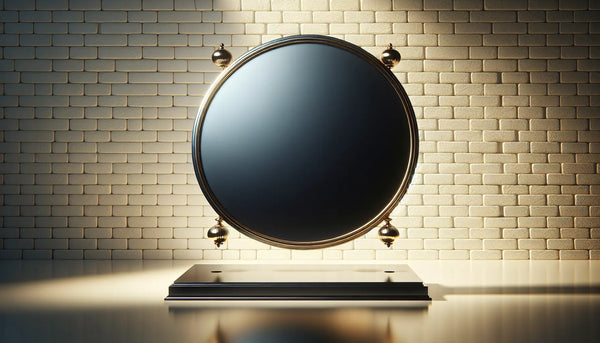 Elegantes Metallschild schwebt vor weißer Ziegelwand mit sanftem Schatten und Steelmonks Farbdetails.