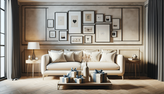 Stilvolles Wohnzimmer mit harmonischer Bilderwand, elegantem Sofa und schlichten Geschenken in Steelmonks Farben für warme Wohlfühlatmosphäre.