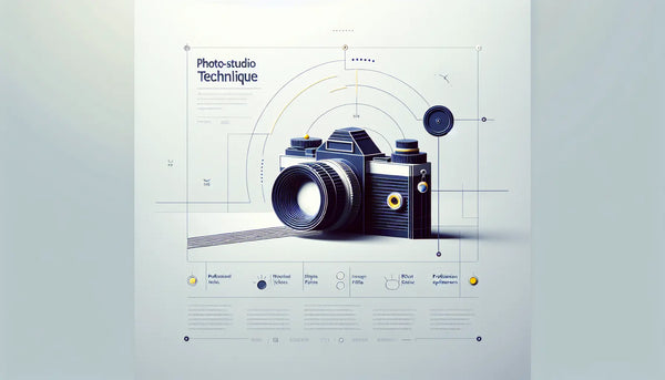 stilisiert kamera als klare vektorgrafik auf hellem hintergrund mit text zu fotostudio technik