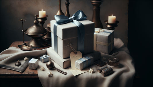 Elegante, schlanke Geschenkbox mit blauem Band, repräsentiert Präzision und Handwerkskunst in warmem Steelmonks-Stil.