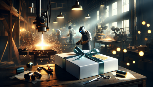 Eleganter Geschenkkarton in stilvoller Werkstatt mit Schweißstation und surrenden Maschinen, warme Atmosphäre, Steelmonks Farbschema.