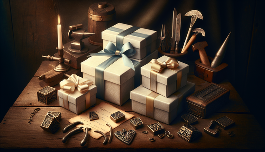 Nahaufnahme einer stimmungsvollen Anordnung von schlanken, elegant verpackten Geschenkboxen mit persisch-blauen Bändern auf einem Holztisch, umgeben von gravierten Werkzeugen, Zunftanhängern und humorvollen Accessoires in warmem, weichem Licht.