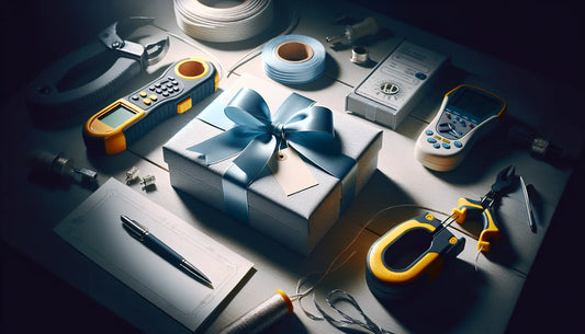 Elegantes, schlankes Geschenk in Persian Blue und Ghost White mit Elektriker-Werkzeugen im Hintergrund in moderner Werkstatt.