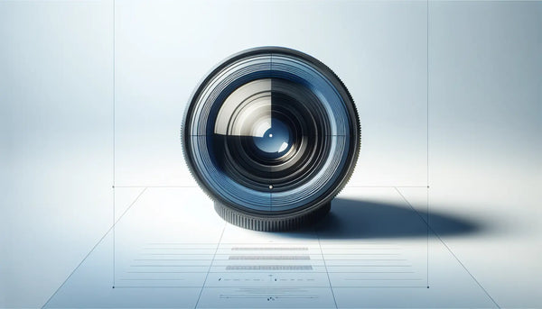 professionelles kameraobjektiv als minimalistische vektorgrafik auf hellgrauem hintergrund mit text zu kamera technik und fotostudio