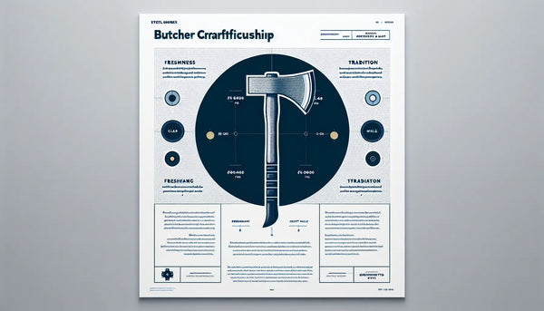 stilisiertes metzgerbeil als klare vektorgrafik auf hellem hintergrund mit text zu metzger handwerk und frische und tradition