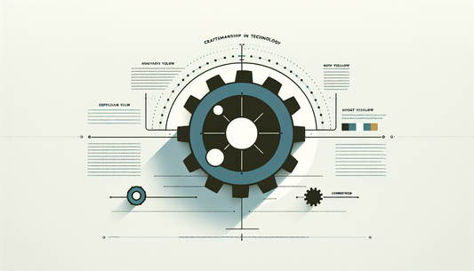 Minimalistische Infografik mit einem stilisierten Zahnrad in Persian Blue mit gelbem Akzentpunkt auf hellem Ghost White Hintergrund. Überschrift Technik im Handwerk und Stichpunkt Effizienz und Präzision vereint.