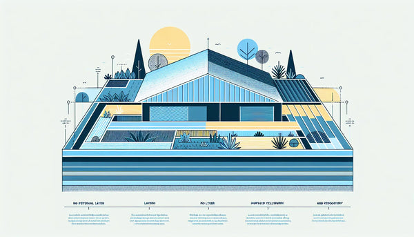 Stilisiertes modernes Flachdach mit Begruenung als klare Vektorgrafik auf hellem Hintergrund mit Text zu Schichten und Begruenung