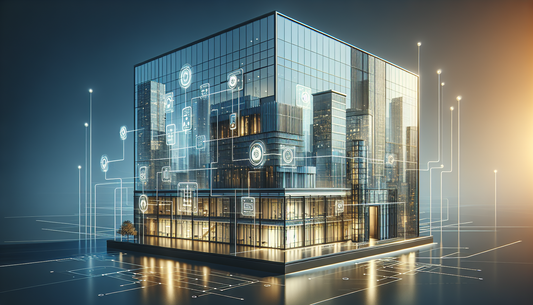 Modernes Gebäudetechnik-System mit vernetzten Klimaanlagen und digitaler Steuerung in urbanem Büro, stilvoll in Steelmonks-Farben gestaltet.