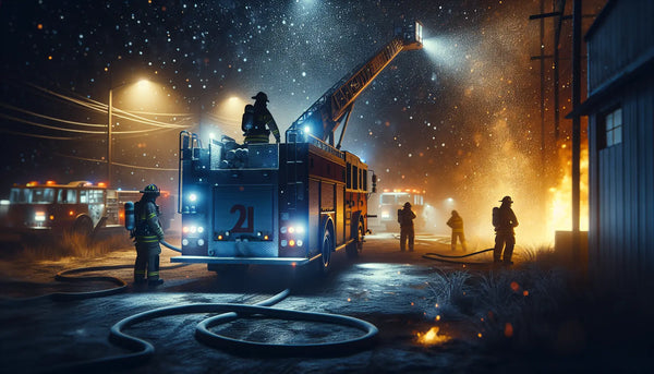 Feuerwehrtrucks nachts im Einsatz umgeben von Funken und Flammenlicht in beruhigender Farbstimmung.