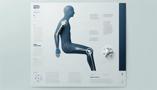 stilisiertes medizinisches prothesen symbol als klare vektorgrafik auf hellem hintergrund mit text zu prothesenanpassung patientengespraech orthopaedietechnik