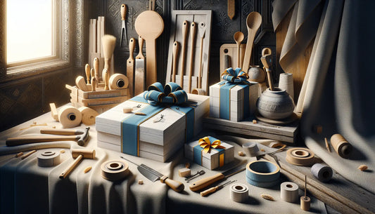 Traditionelle Dachdecker-Werkstatt mit Werkzeugen und elegant verpackten Geschenken im Steelmonks-Farbschema für Wertschätzung und Handwerkskunst.