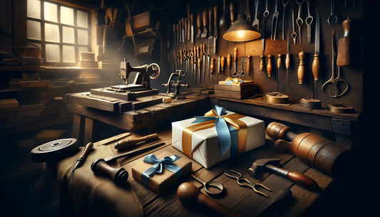Rustikales Handwerkerzimmer mit alten Werkzeugen und eleganten, in Steelmonks Farben verpackten Geschenkboxen auf Holzarbeitstisch.