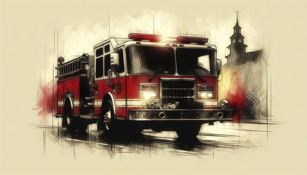 Skizzenhafte Silhouette eines Feuerwehrfahrzeugs in Aktion ohne Personen vor weißem Hintergrund