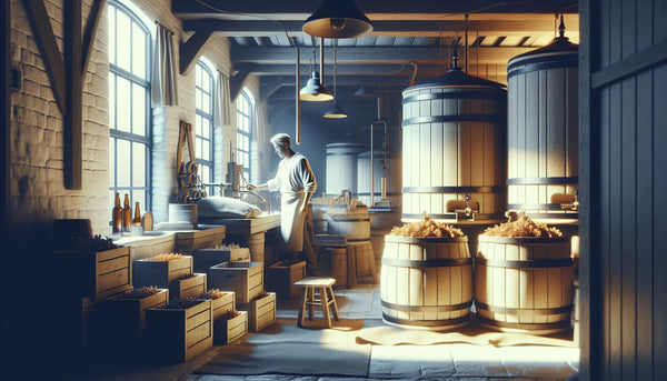 Traditionelle Brauerei mit Holzbottichen und erfahrenem Brauer in ruhiger, hochwertiger Steelmonks-Atmosphäre.