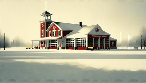 traditionelle feuerwehrstation in rotem stil mit symbole für gemeinschaft auf weissem hintergrund