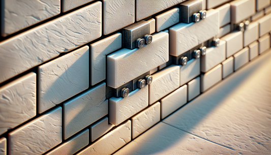 Detail eines stilvollen Ziegelmauerwerks mit angedeuteten Metallklammern in Steelmonks Farben, sauber vorbereitet für Metallschilder.