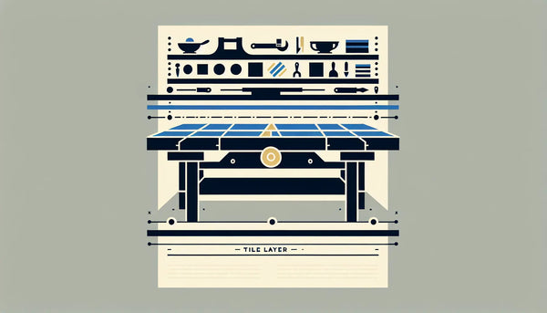 stilisiert Werkbank mit Werkzeugen und Kacheln als klare Vektorgrafik auf weissem Hintergrund mit Text zu Werkbank Fliesenleger