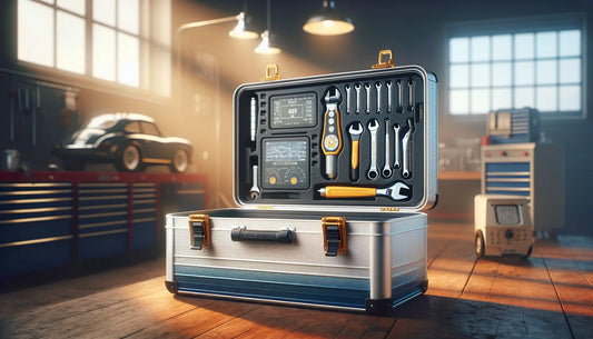 Realistisches Bild einer Kfz-Werkstatt mit geöffnetem Werkzeugkasten, Drehmomentschlüssel und Diagnosegeräten in Steelmonks-Farben.