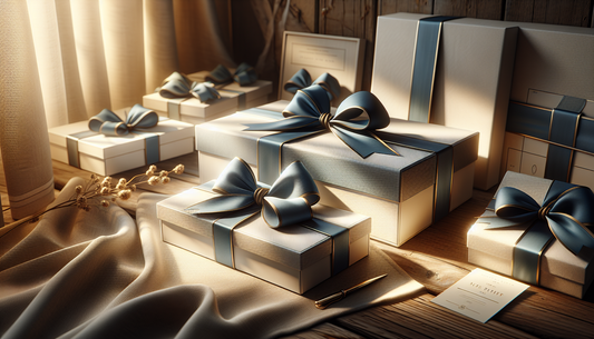 Nahaufnahme von schlanken, elegant verpackten Geschenkboxen mit blauen und gelben Schleifen, platziert auf einem hellen, natürlichen Untergrund mit warmem, weichem Licht und ruhigem Hintergrund.