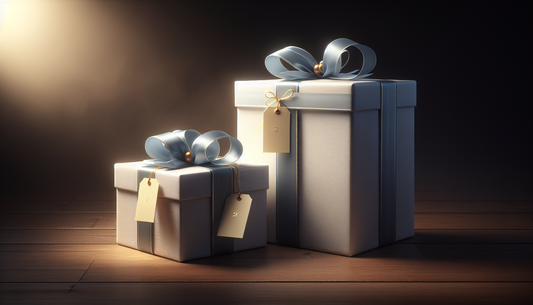 Elegante Geschenkboxen mit blau-gelben Bändern auf Holzoberfläche, warm beleuchtet in Steelmonks Farbschema