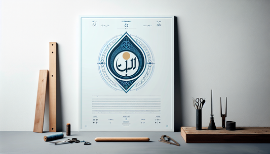 Minimalistischer Zunftanhänger als stilisierte Vektorgrafik in Persian Blue mit gelbem Akzent auf hellem Ghost White Hintergrund mit schlichter schwarzer Überschrift Zunftanhänger und kurzem Stichpunkt Dekoratives Handwerkssymbol