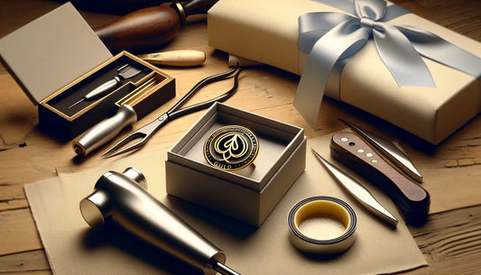 Stilvolles Werkstatt-Setup mit Zunft-Anstecker und eleganten Geschenkboxen in Steelmonks Farben für Wertschätzung und Handwerk.