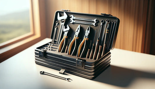 Werkzeugkoffer mit hochwertigen Zangen und Schraubenschlüsseln, stilvoll arrangiert, warmes natürliches Licht, Steelmonks Farben.