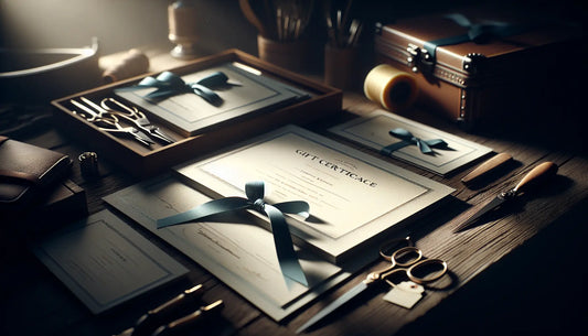 Stimmungsvolles Bild mit eleganten Geschenkgutscheinen für Handwerker, sanfte Beleuchtung, Werkzeuge im Hintergrund, Steelmonks Farbschema.