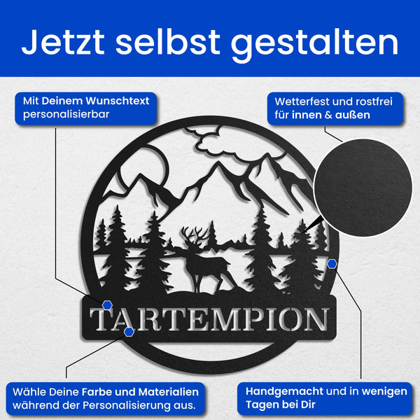 Berge mit Hirsch - Baum Schild