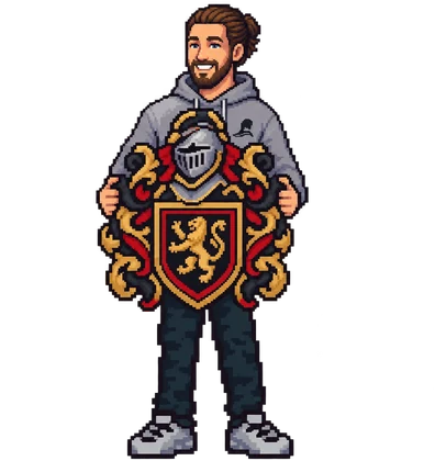 Pixel-Art: Luis hält ein Wappen hoch