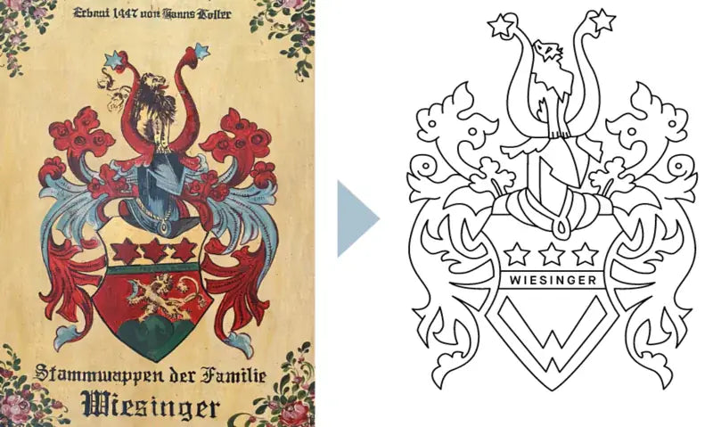 Farbige Wappen-Vorlage und daraus entstandene Schnittzeichnung