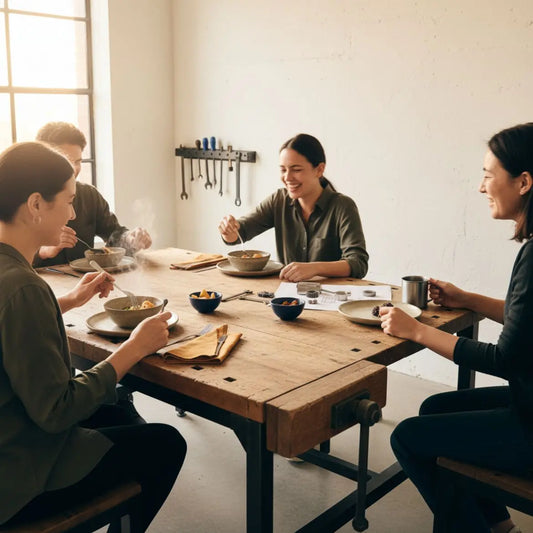 14. geburtstag ideen: Kleine Gruppe um Esstisch, warme Lichtstimmung, Holz- und Metalldetails, Hände greifen nach Tellern, minimalistisches industrielles Interieur
