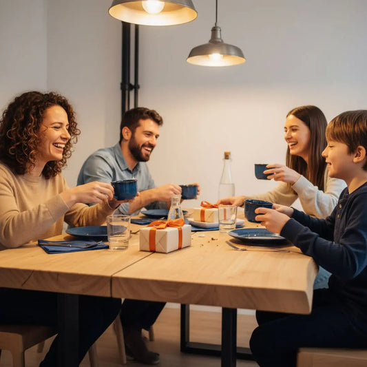 Familie lacht am Esstisch, Hände greifen nach Tellern und kleinen Geschenken in warmer, industriell geprägter Atmosphäre mit Holz und Metall — 30. Geburtstag