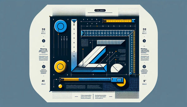 Minimalistische Grafik eines rechten Winkels mit einem Maßband als Vektorgrafik in Persian Blue mit gelbem Akzentpunkt auf weißem Hintergrund. Erklärung der 3 4 5 Regel zur sicheren Winkelmessung im Handwerk.