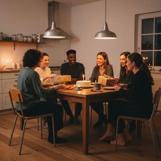 Kleine Gruppe am Esstisch mit Kuchen und Geschenken in warm-industrieller Wohnküche, Holz- und Metalldetails – 4-geschenke-regel geburtstag