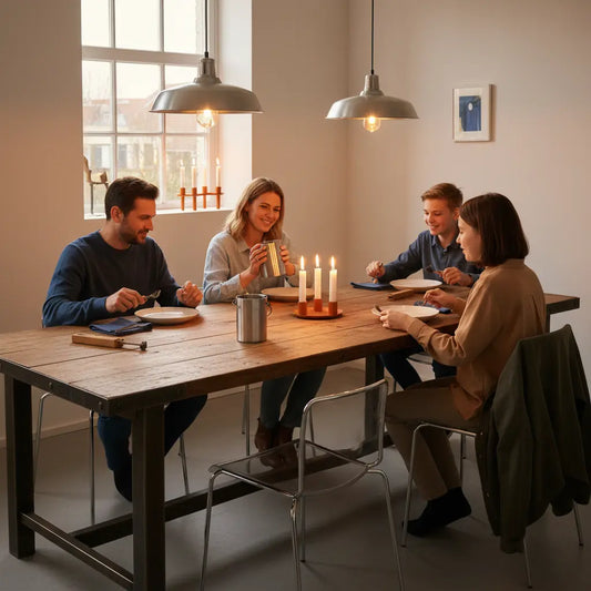 Freund:innen am Holz­tisch bei warmem Abendlicht, Hände greifen nach Tellern und dem Produkt aus den Referenzfotos – intimer 5-sinne-geschenk-Moment