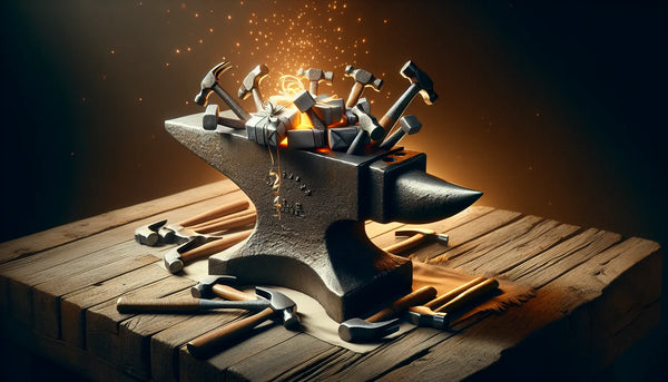 Ein stiller Amboss mit eleganten Hämmern, umgeben von glühendem Eisen und Funkenregen in warmem Steelmonks-Look, handwerkliche Magie eingefangen.