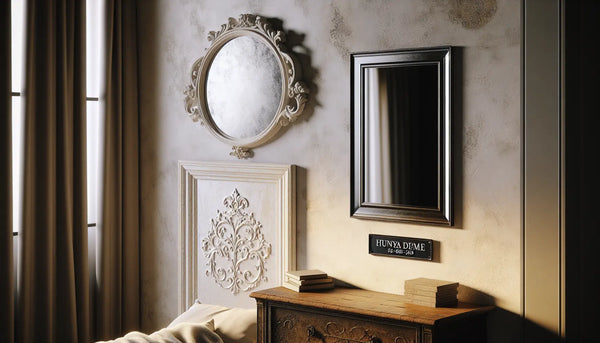 Stilvolle Wand mit antikem Spiegel und modernem, personalisiertem Metallschild in Steelmonks Farbschema, warm und einladend beleuchtet.