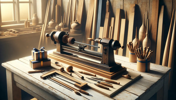 Antike Holz-Drehbank in traditioneller Werkstatt mit eingewickelten Geschenken in persisch-blauen Bändern, warmes Licht, Steelmonks Farbschema.