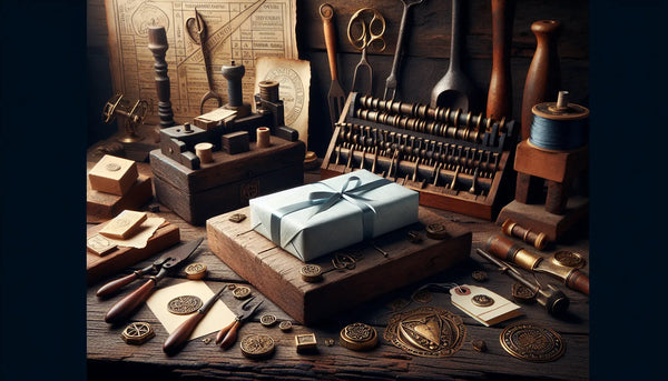 Antike Werkstatt mit traditionellen Handwerkzeugen und elegant verpacktem Geschenk in Steelmonks Farben.