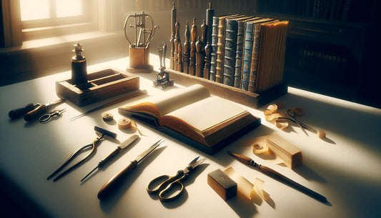 Traditionelle Buchbinderei mit offenen alten Büchern, Werkzeugen und warmem Licht, stilvoll in Steelmonks Farbschema.