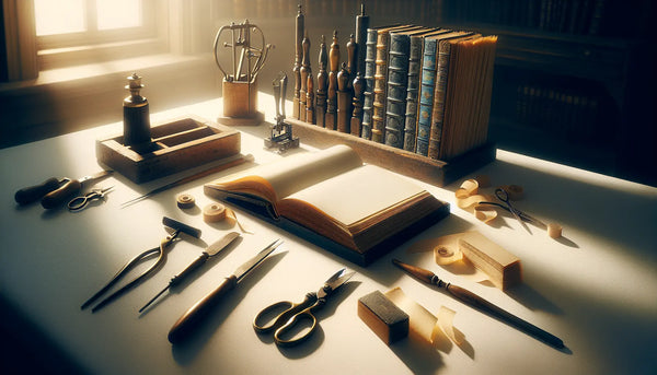 Traditionelle Buchbinderei mit offenen alten Büchern, Werkzeugen und warmem Licht, stilvoll in Steelmonks Farbschema.