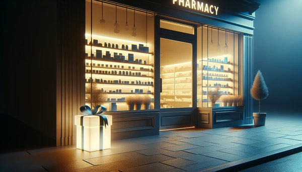 Warm erleuchtetes Apothekenschaufenster bei Nacht mit stilvollen, schlank verpackten Geschenken in Steelmonks Farben und ruhiger, einladender Atmosphäre.