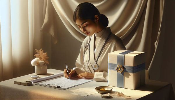 Arzt füllt Krankenhausaufnahmeformular aus, elegantes Geschenk mit blauem Band auf Ghost White Tisch, warme, ruhige Atmosphäre im Steelmonks Stil