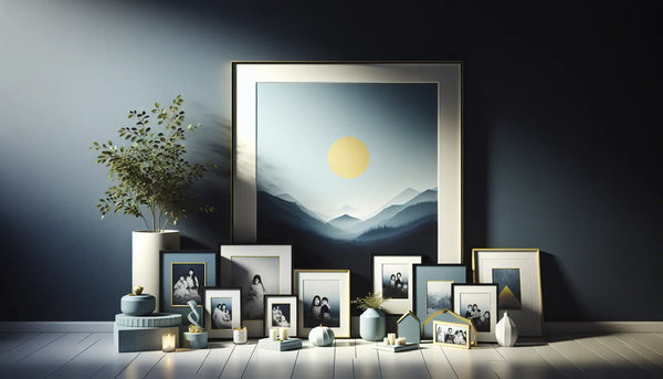 Kunstvolle Wand mit verschiedenen schlichten Rahmen und Familienfotos in hellen Tönen, ein großer Kunstdruck in intensiven Blautönen, neben einer grünen Pflanze, warme, freundliche und realistisch wirkende Bildkomposition.