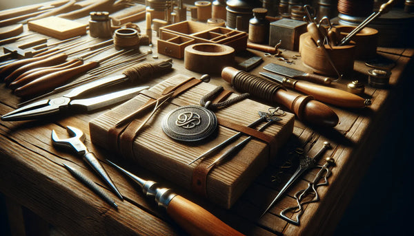 Realistisches Bild einer Handwerker-Werkstatt mit Werkzeugen und Zunftanhänger auf Holzwerkbank, warm beleuchtet, Steelmonks Farbschema.