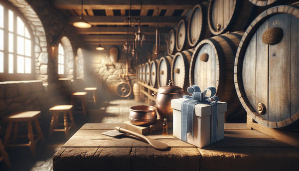Traditionelle Brauerei mit Vintage Bierfässern und einem elegant verpackten Geschenk im Steelmonks-Farbschema in warmem Licht.