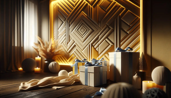 Minimalistische Wand mit warmen, geometrischen Mustern, elegant verpackte Geschenkboxen in Blau, Weiß und Gelb in einer gemütlichen Atmosphäre mit weicher Beleuchtung.